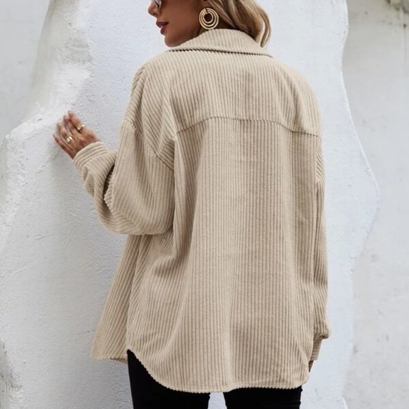 Casual Trendy Corduroy Flap Pocket Button down shirt Shacket jacket Coat beige - Picture 2 of 6